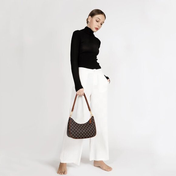 Women's Brown Flower Leather Gold Chain Strap Underarm Zipper Pouch Hobo Purses - Picture 3 of 7